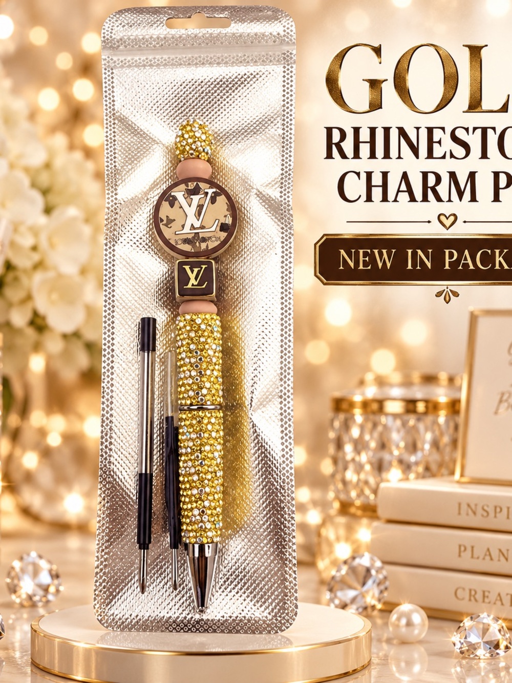 Gold Rhinestone Beaded Charm Pen – New in Package